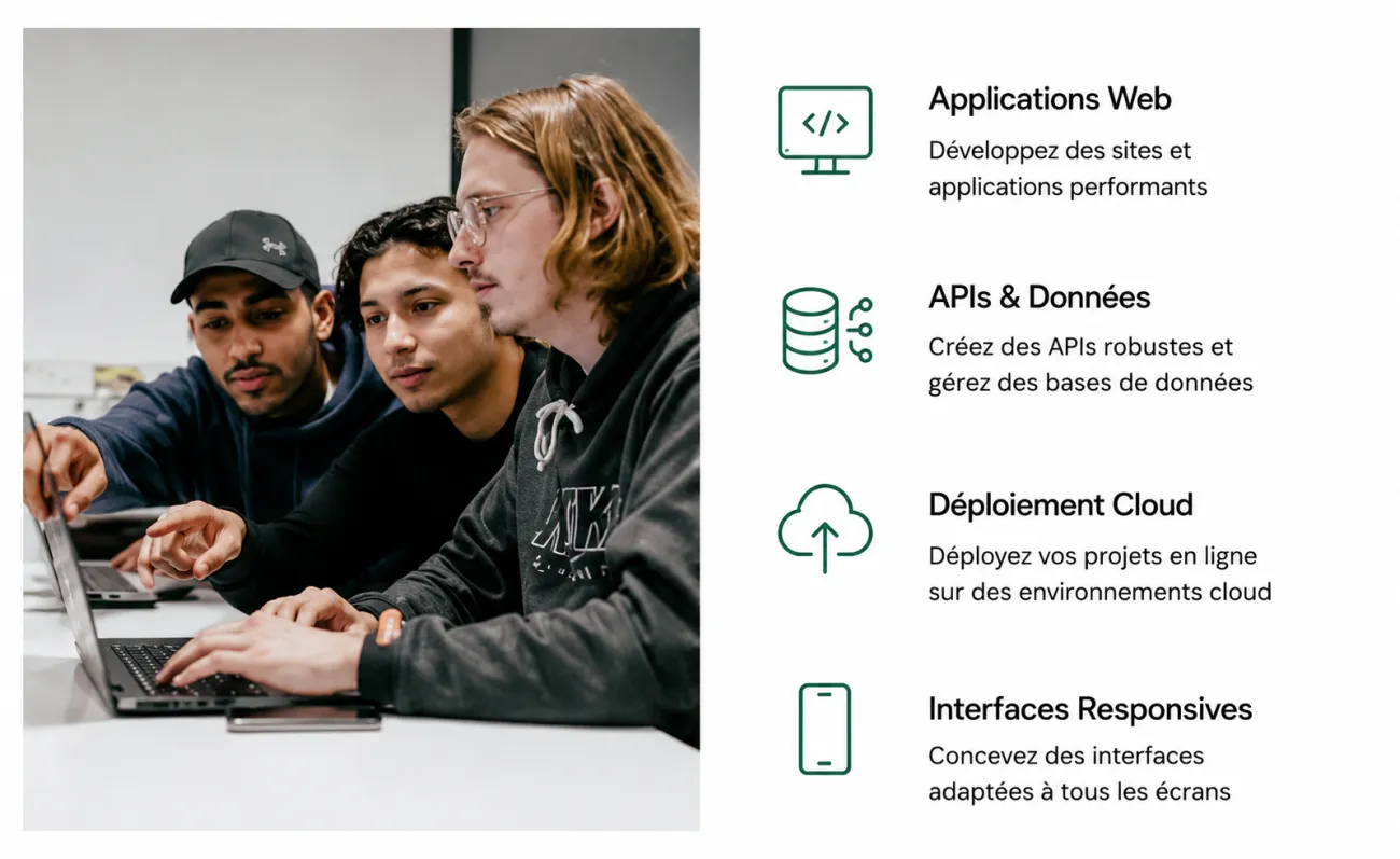 Applications web, APIs, bases de données, cloud et déploiement : apprenez à concevoir, développer et mettre en ligne des projets inspirés des besoins réels des entreprises.