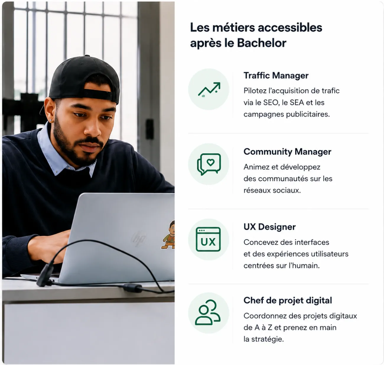 SEO, publicité en ligne, réseaux sociaux, UX : formez-vous aux compétences recherchées par les entreprises et préparez votre insertion professionnelle.