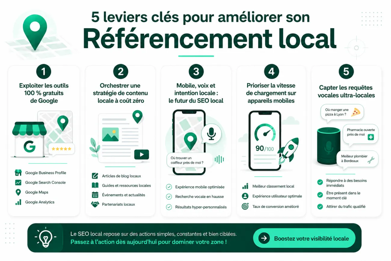 Infographie présentant les 5 leviers clés du référencement local : exploiter les outils gratuits de Google, créer une stratégie de contenu local, optimiser le SEO local pour le mobile et la recherche vocale, améliorer la vitesse de chargement sur mobile et capter les requêtes vocales ultra-locales.