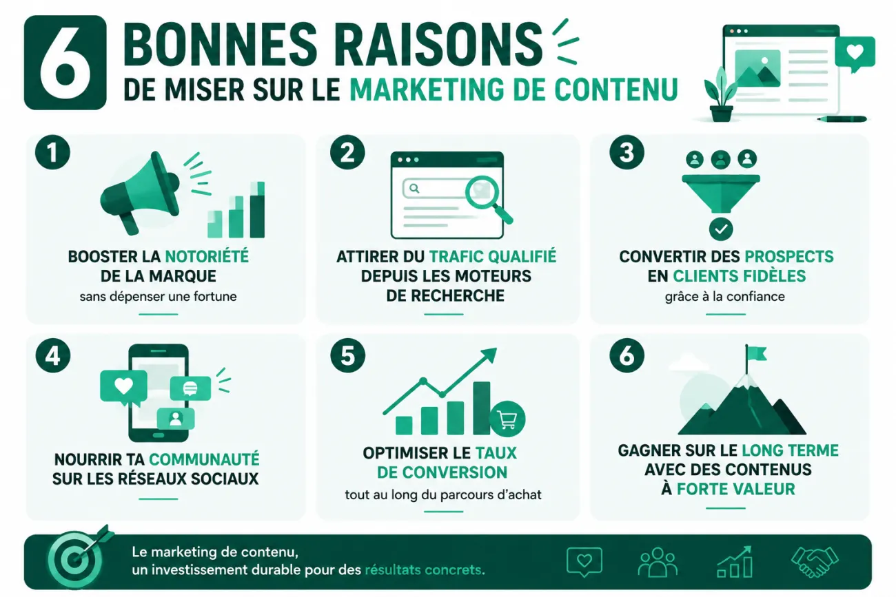 Infographie présentant 6 avantages du marketing de contenu : notoriété, trafic qualifié, génération de clients, engagement sur les réseaux sociaux, conversion et croissance durable.