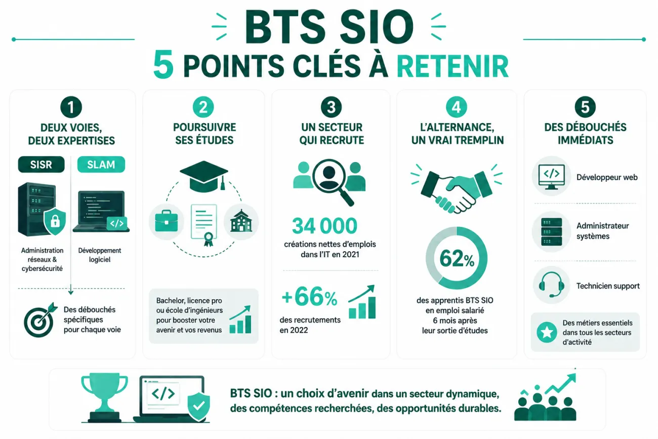 Infographie horizontale présentant les principaux avantages du BTS SIO. Elle met en avant les deux spécialisations du diplôme (SISR pour les réseaux et la cybersécurité, SLAM pour le développement logiciel), les possibilités de poursuite d'études en bachelor, licence professionnelle ou école d'ingénieurs, la forte croissance du secteur informatique avec des recrutements en hausse, les bénéfices de l'alternance pour l'insertion professionnelle et les métiers accessibles après le BTS SIO tels que développeur 