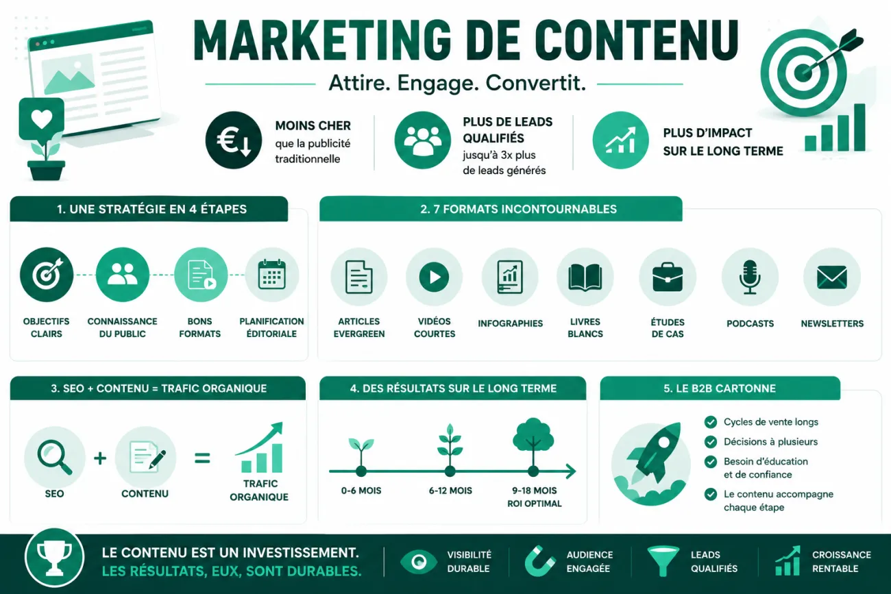Infographie sur le marketing de contenu, le SEO, la génération de leads et la croissance du trafic organique.