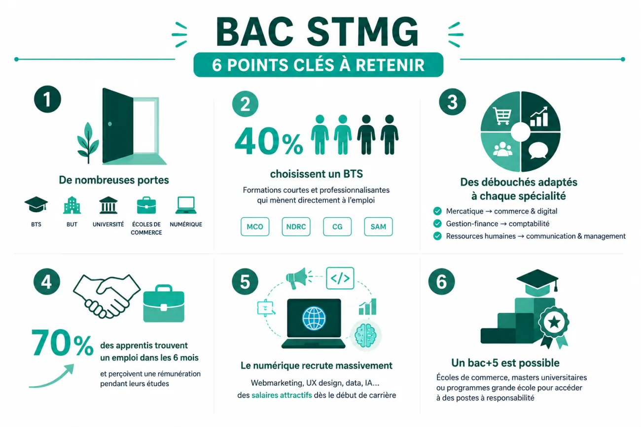 Infographie horizontale présentant les principales opportunités après un bac STMG : poursuite d'études en BTS, BUT, université ou école de commerce, spécialités et débouchés professionnels, avantages de l'alternance avec 70 % d'insertion, métiers du numérique accessibles aux profils STMG (webmarketing, UX, data, IA) et possibilités de poursuivre jusqu'à un bac+5. Design moderne aux couleurs vert foncé et turquoise sur fond blanc.