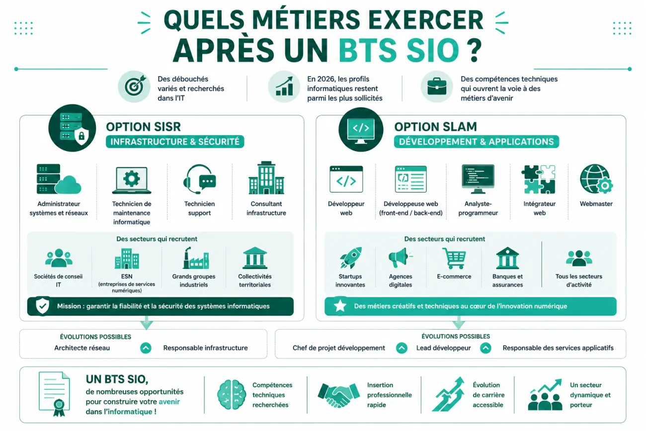 Infographie horizontale présentant les principaux métiers accessibles après un BTS SIO selon la spécialisation choisie. L'option SISR est orientée vers les infrastructures, les systèmes, les réseaux et la cybersécurité avec des débouchés comme administrateur systèmes et réseaux, technicien support ou consultant infrastructure. L'option SLAM mène aux métiers du développement informatique tels que développeur web, analyste-programmeur, intégrateur web ou webmaster. L'infographie met également en avant les sec