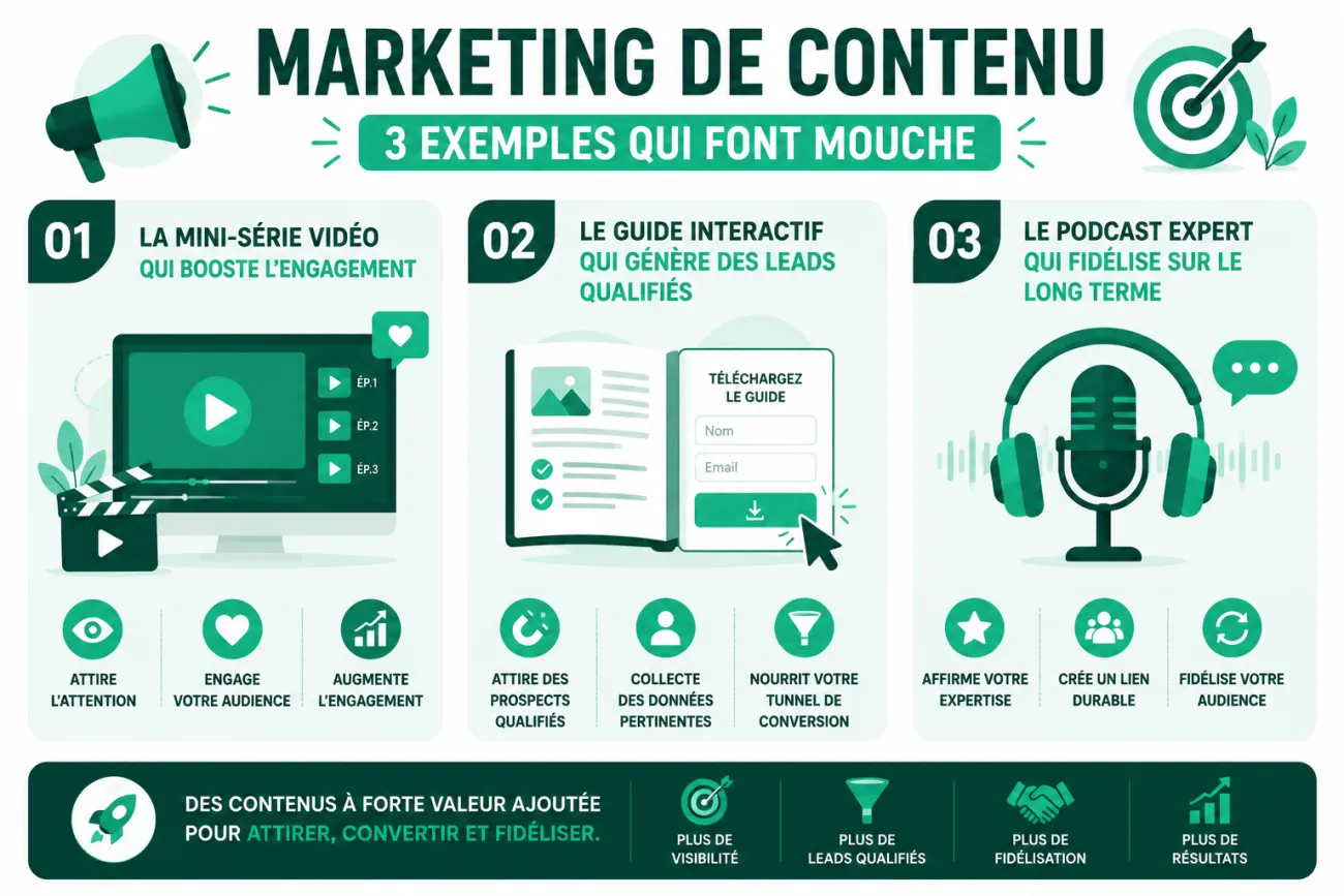 Infographie présentant trois exemples de content marketing : mini-série vidéo, guide interactif et podcast expert.