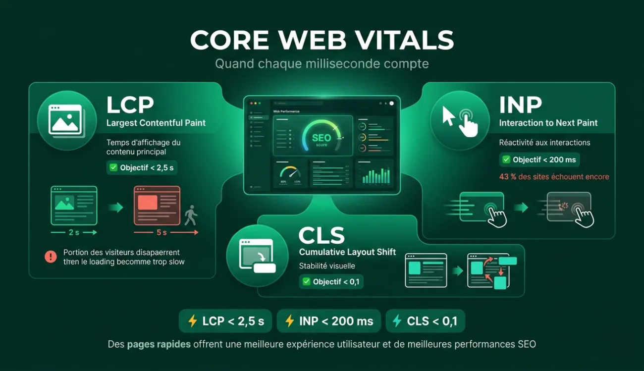 Infographie Core Web Vitals présentant les trois indicateurs clés de performance web : LCP pour le temps de chargement, INP pour la réactivité et CLS pour la stabilité visuelle.