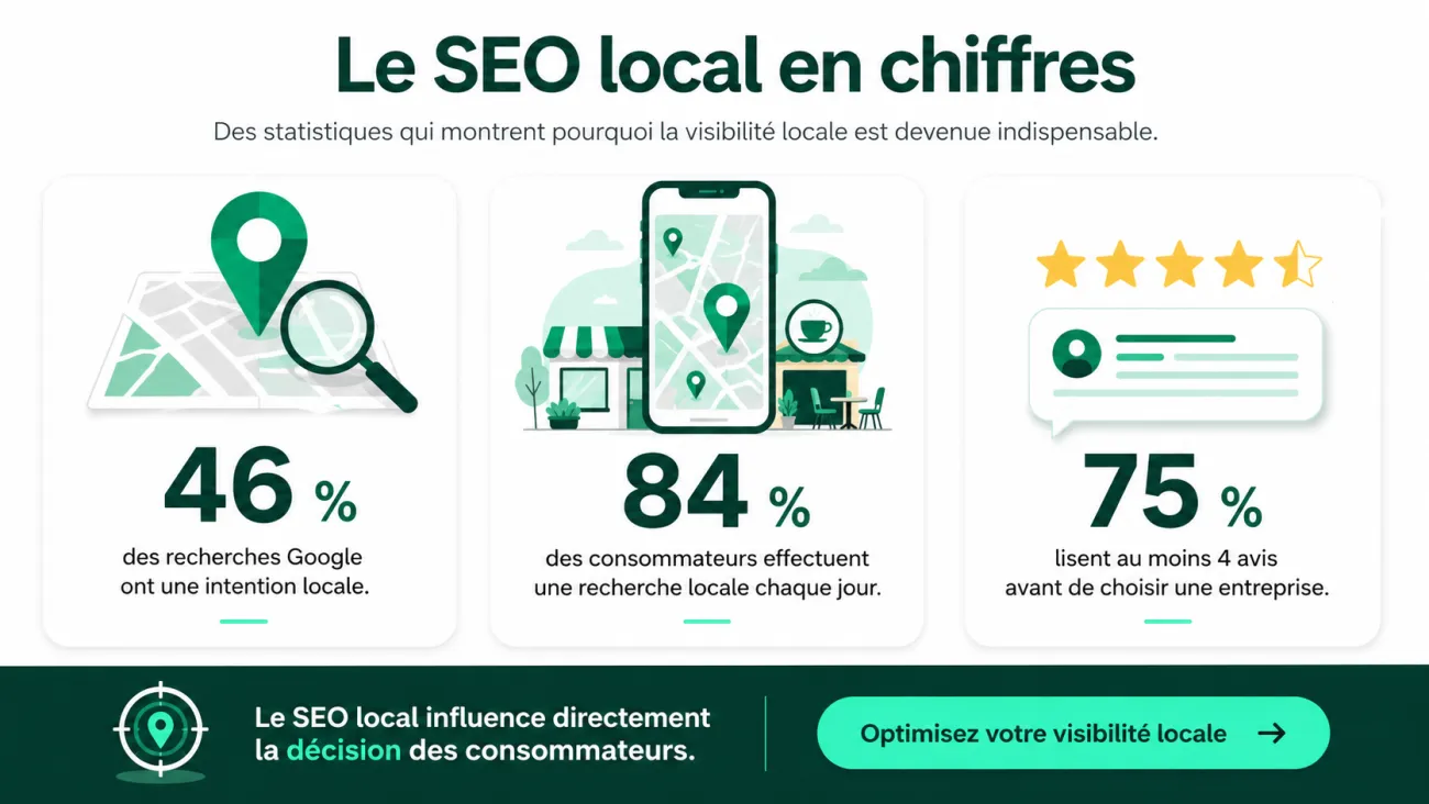 Infographie présentant les principales statistiques du SEO local : 46 % des recherches Google ont une intention locale, 84 % des consommateurs effectuent une recherche locale chaque jour et 75 % lisent au moins quatre avis avant de choisir une entreprise.