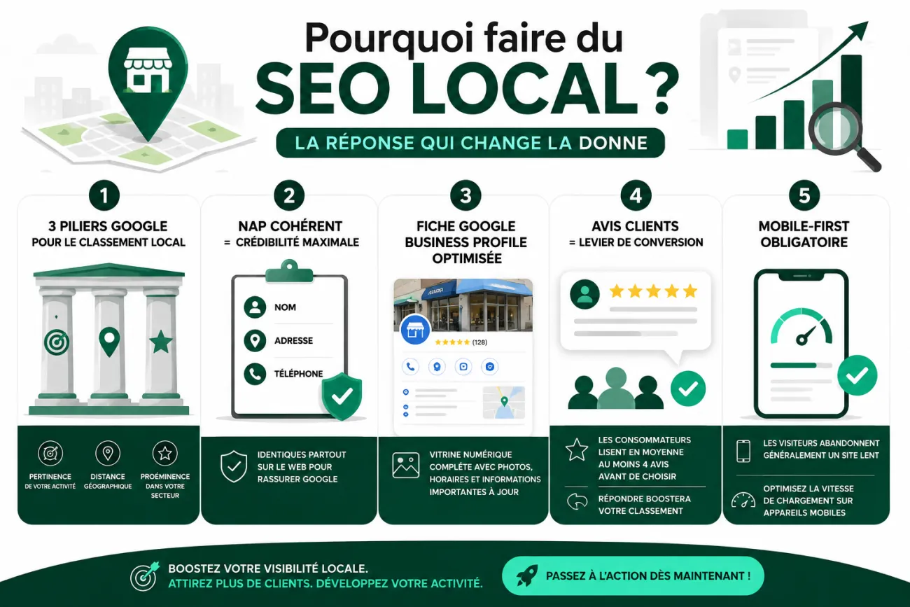 Infographie présentant les principaux leviers du SEO local : les trois critères de classement Google (pertinence, distance et proéminence), la cohérence du NAP, l'optimisation de la fiche Google Business Profile, l'importance des avis clients et l'optimisation mobile pour améliorer la visibilité locale.