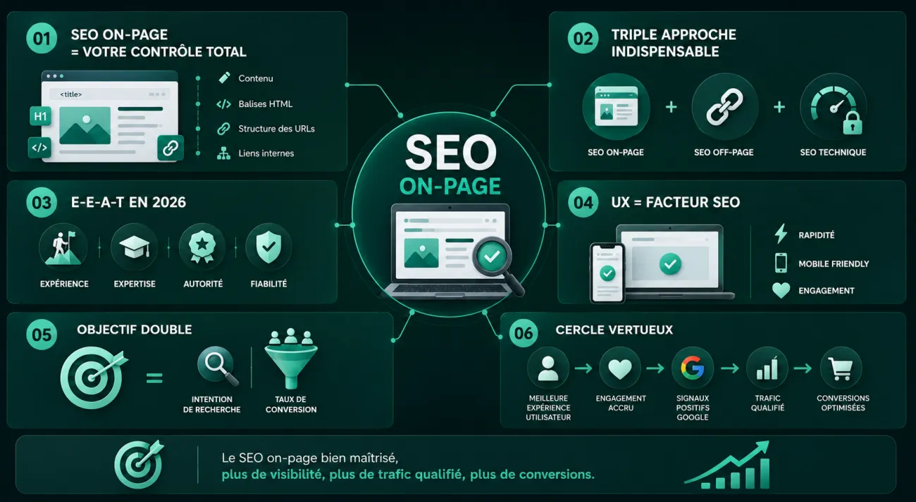 Infographie SEO on-page présentant les six piliers du référencement naturel : optimisation du contenu, stratégie SEO globale, E-E-A-T, expérience utilisateur, intention de recherche et conversion.