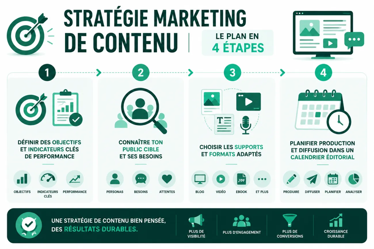 Infographie présentant les 4 étapes d'une stratégie marketing de contenu : objectifs, audience cible, formats de contenu et calendrier éditorial.
