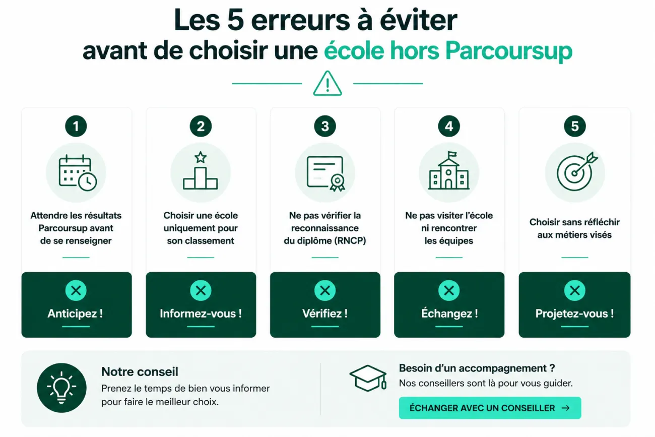 Infographie présentant les cinq erreurs à éviter avant de choisir une école hors Parcoursup : attendre les résultats Parcoursup, choisir uniquement selon le classement, ne pas vérifier le RNCP, ne pas visiter l'école et ne pas réfléchir aux métiers visés.