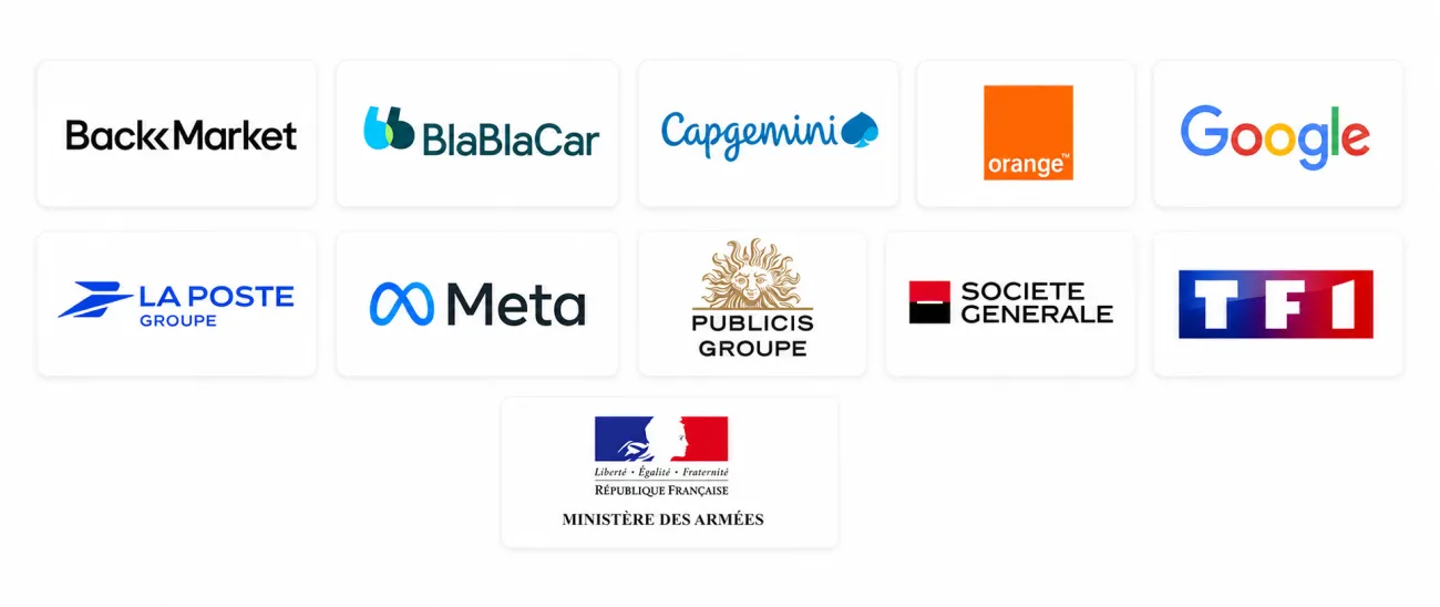 Bandeau présentant les logos des entreprises partenaires d'HETIC, dont Google, Meta, Capgemini, Orange, TF1, Publicis Groupe, Société Générale, La Poste Groupe, BlaBlaCar, Back Market et le Ministère des Armées.