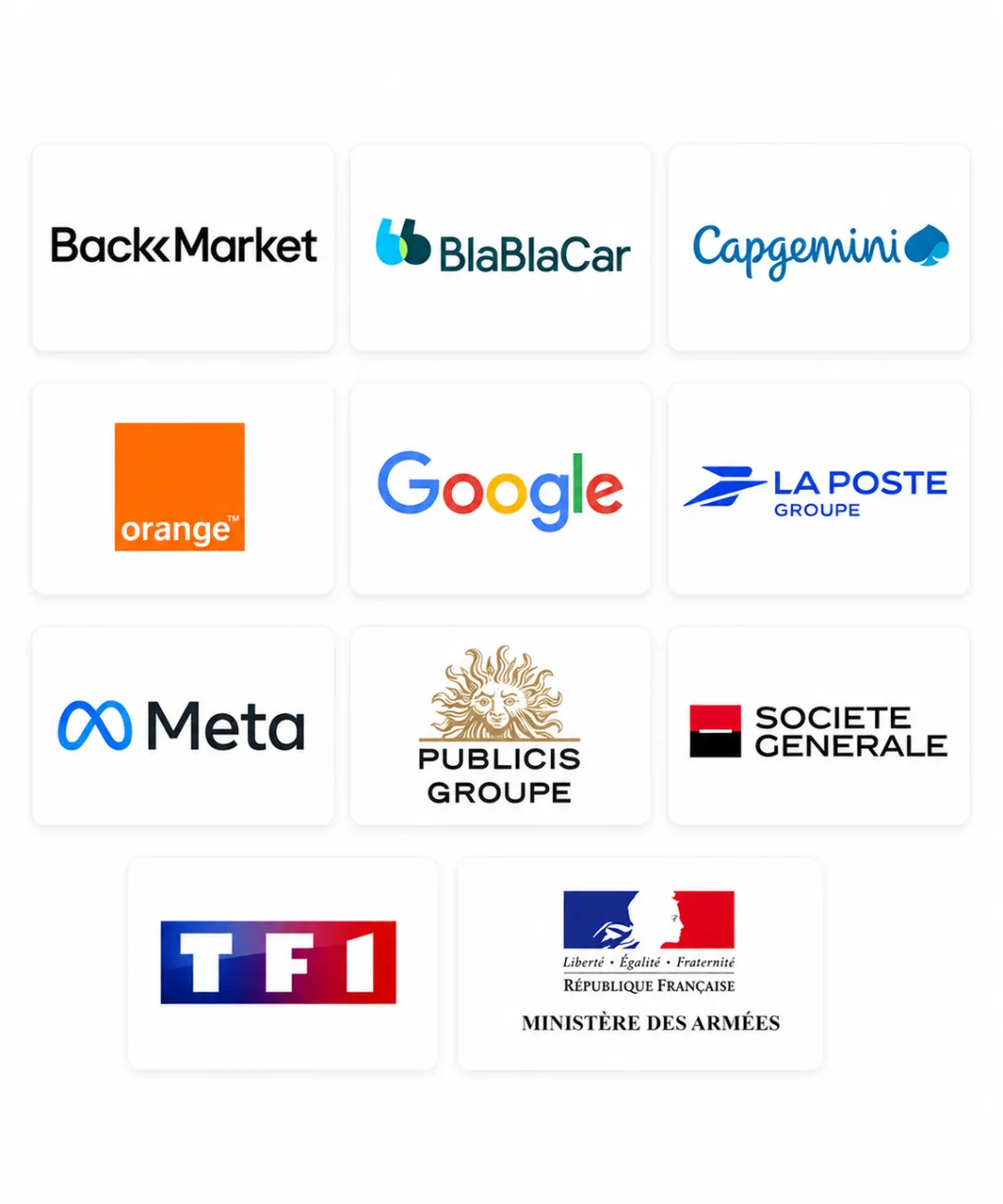 Logos des entreprises partenaires d'HETIC : Google, Meta, Capgemini, Orange, TF1, Publicis Groupe, Société Générale, La Poste Groupe, BlaBlaCar, Back Market et Ministère des Armées.
