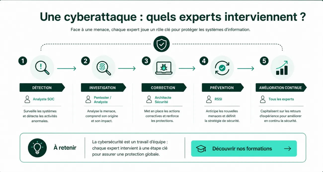 Infographie illustrant les différents experts en cybersécurité intervenant lors d'une cyberattaque, de la détection à la prévention : analyste SOC, pentester, architecte sécurité et RSSI.