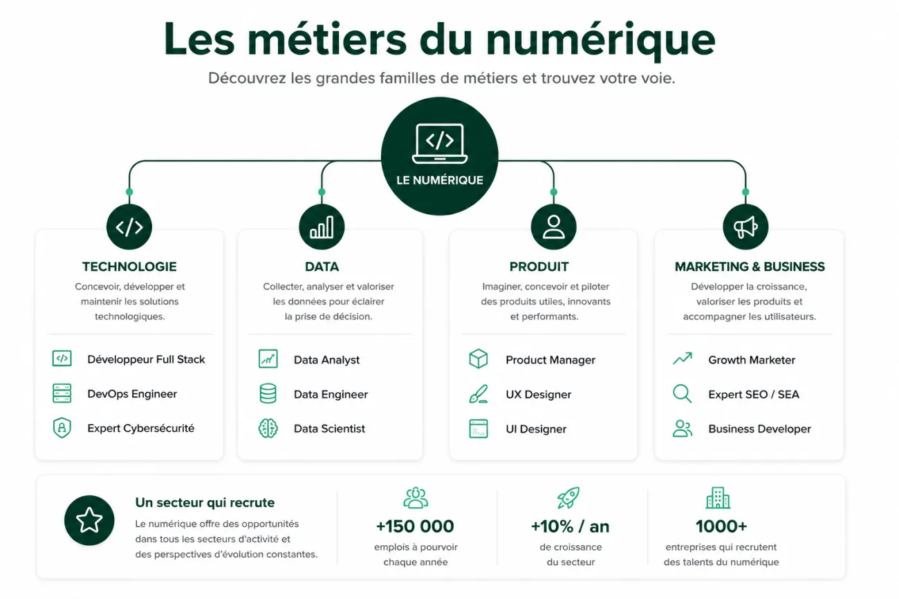Infographie présentant les principales familles des métiers du numérique : développement, data, produit et marketing digital pour aider à choisir une formation en école informatique à Paris.