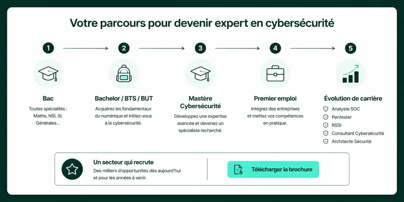 Schéma présentant le parcours d'études pour devenir expert en cybersécurité, du Bac au Bachelor, puis au Mastère, jusqu'aux principaux métiers du secteur.