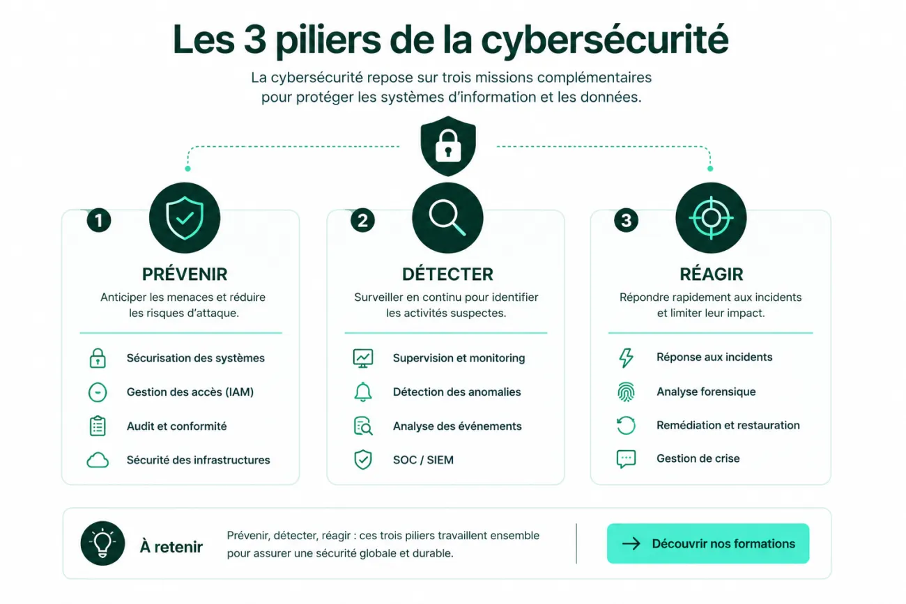 Infographie présentant les trois piliers de la cybersécurité : prévenir les menaces, détecter les activités suspectes et réagir aux incidents.